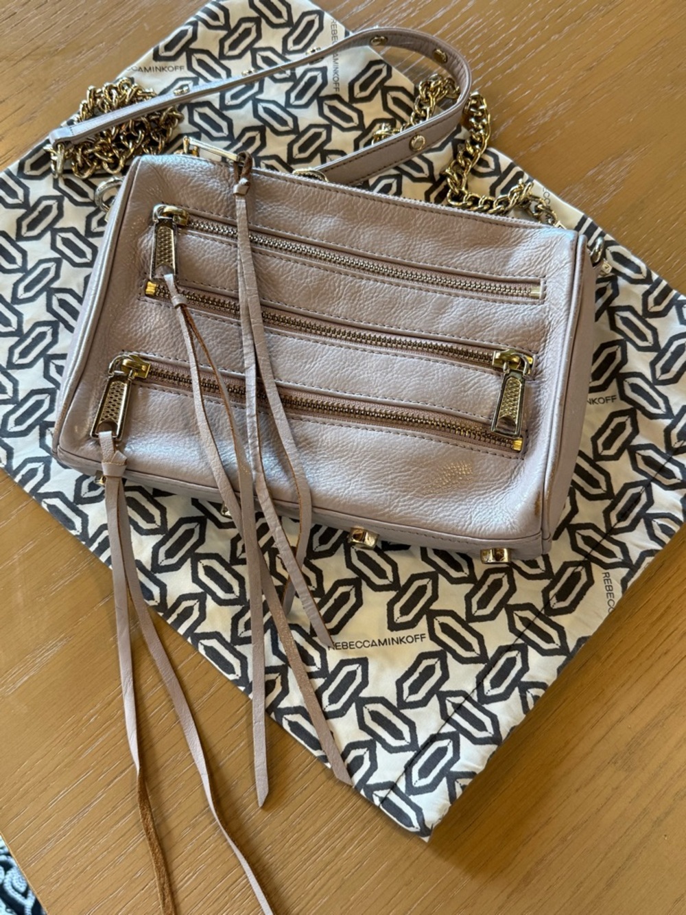 Rebecca Minkoff Taupe Leather Mini 3-Zip Crossbody with Gold Chain